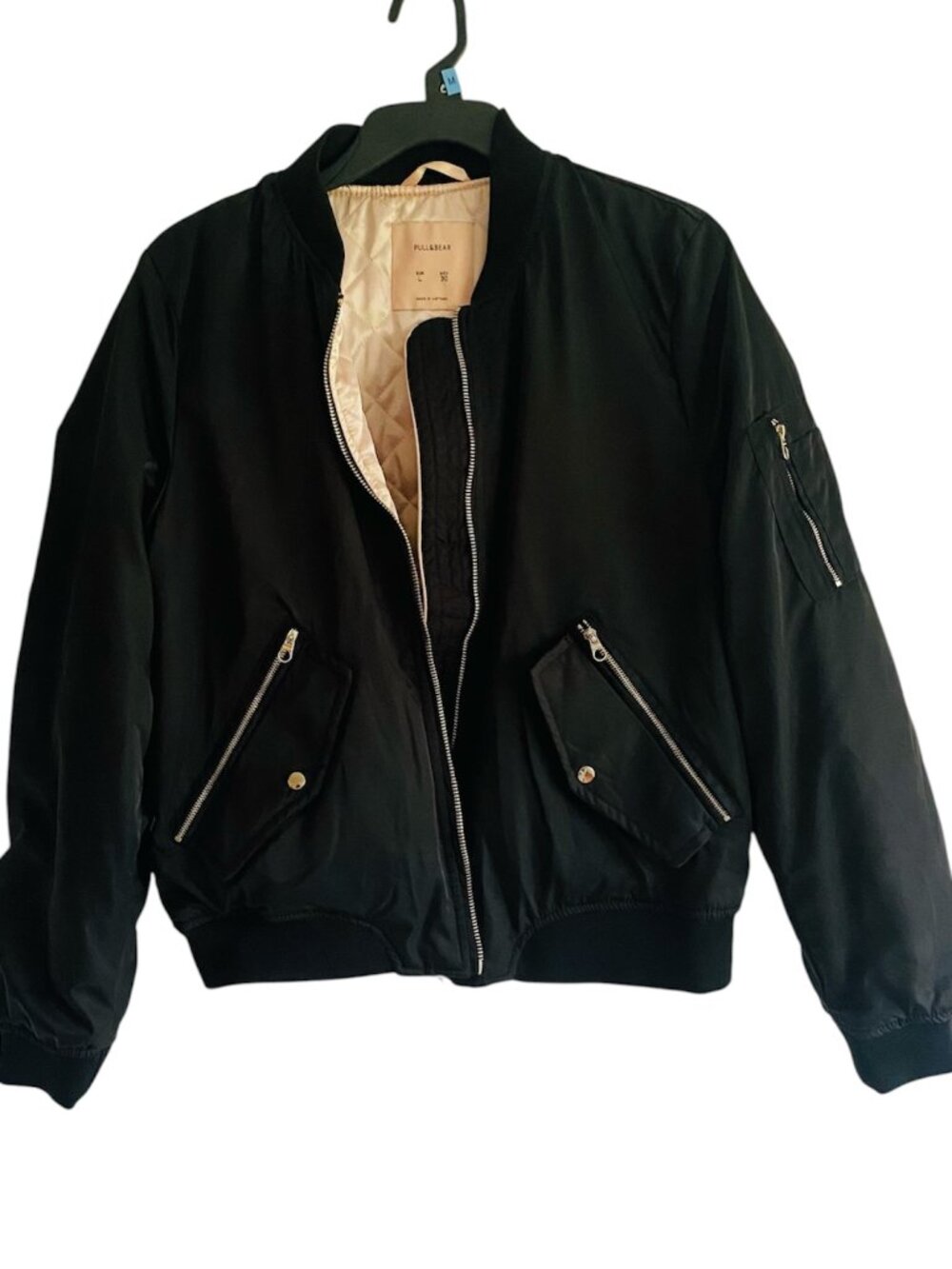 Pull&Bear Quilted Lined Utility Bomber Jacket Black MA-1 Flight Fits sz Sm/Med